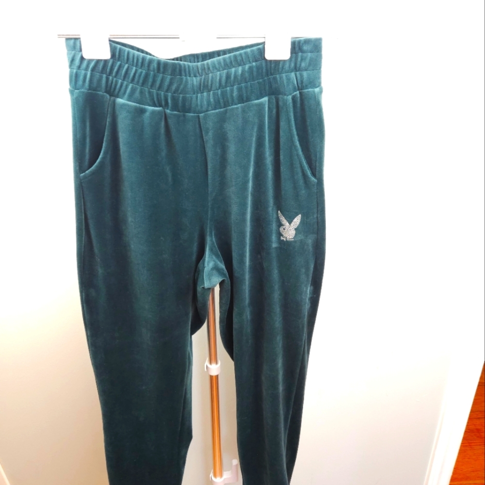 Women's Size Medium Playboy Hunter Forest Green Velour Jogger Pants Rhinestones